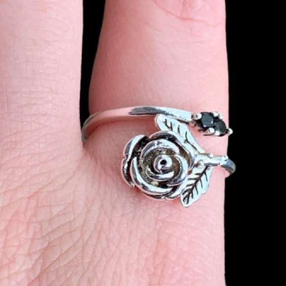 STERLING SILVER ROSE AND BLACK CZ RING - Picture 7 of 11
